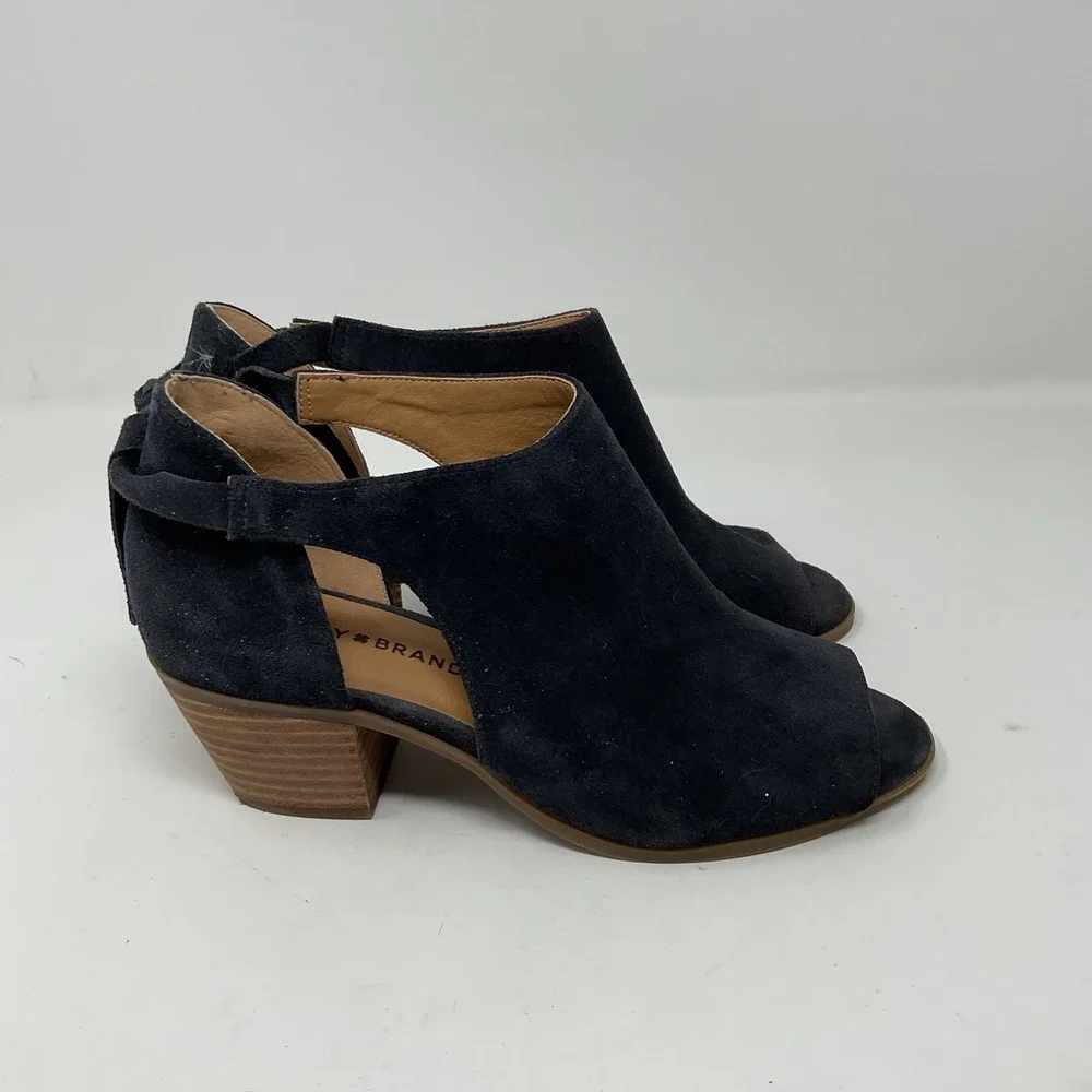 Lucky Brand Womens 8.5 Black Suede Peep Toe Cutout Block Heel Booties Tie Back
